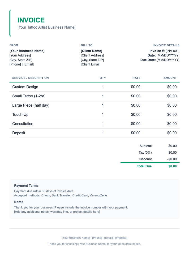 Minimal Invoice Template for Tattoo Artist