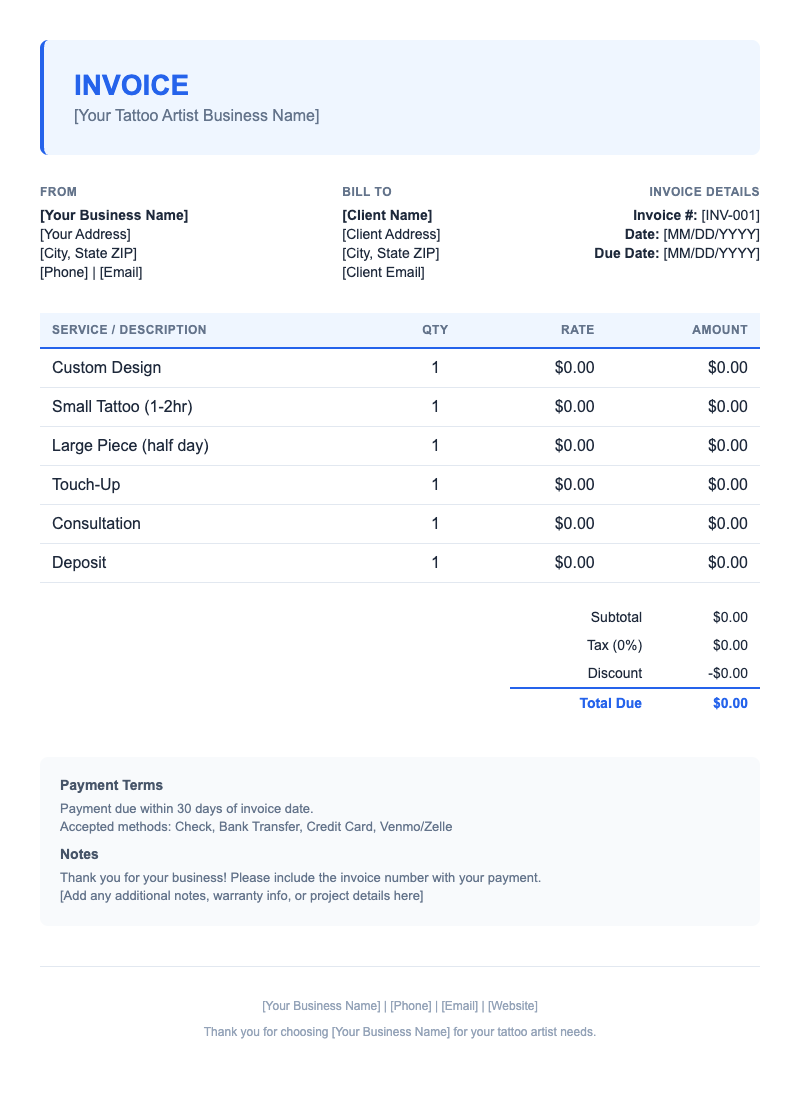 Modern Invoice Template for Tattoo Artist