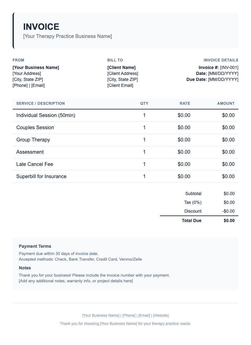 Classic Invoice Template for Therapy Practice