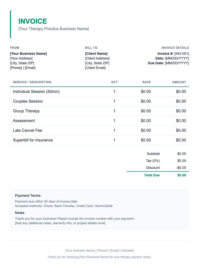 Minimal Invoice Template for Therapy Practice