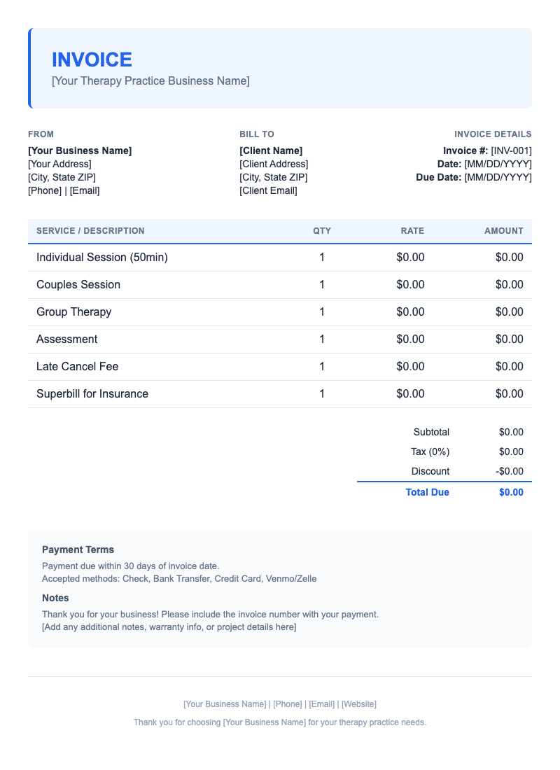 Modern Invoice Template for Therapy Practice