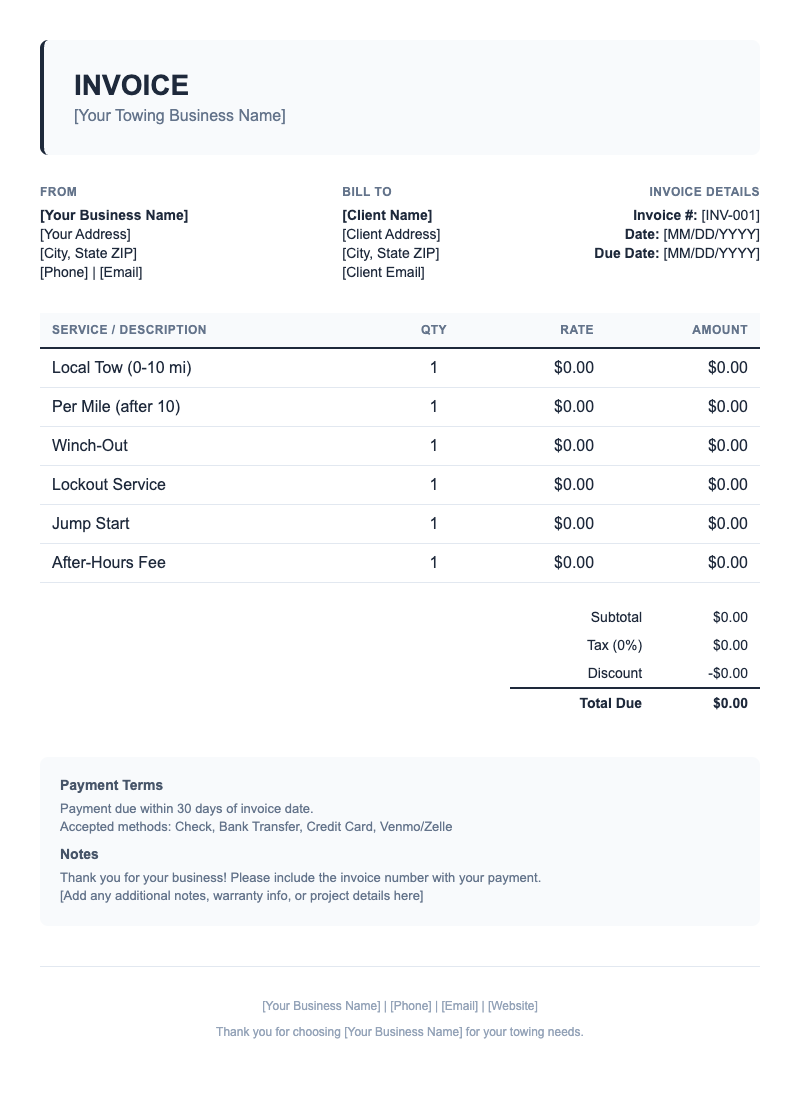 Classic Invoice Template for Towing