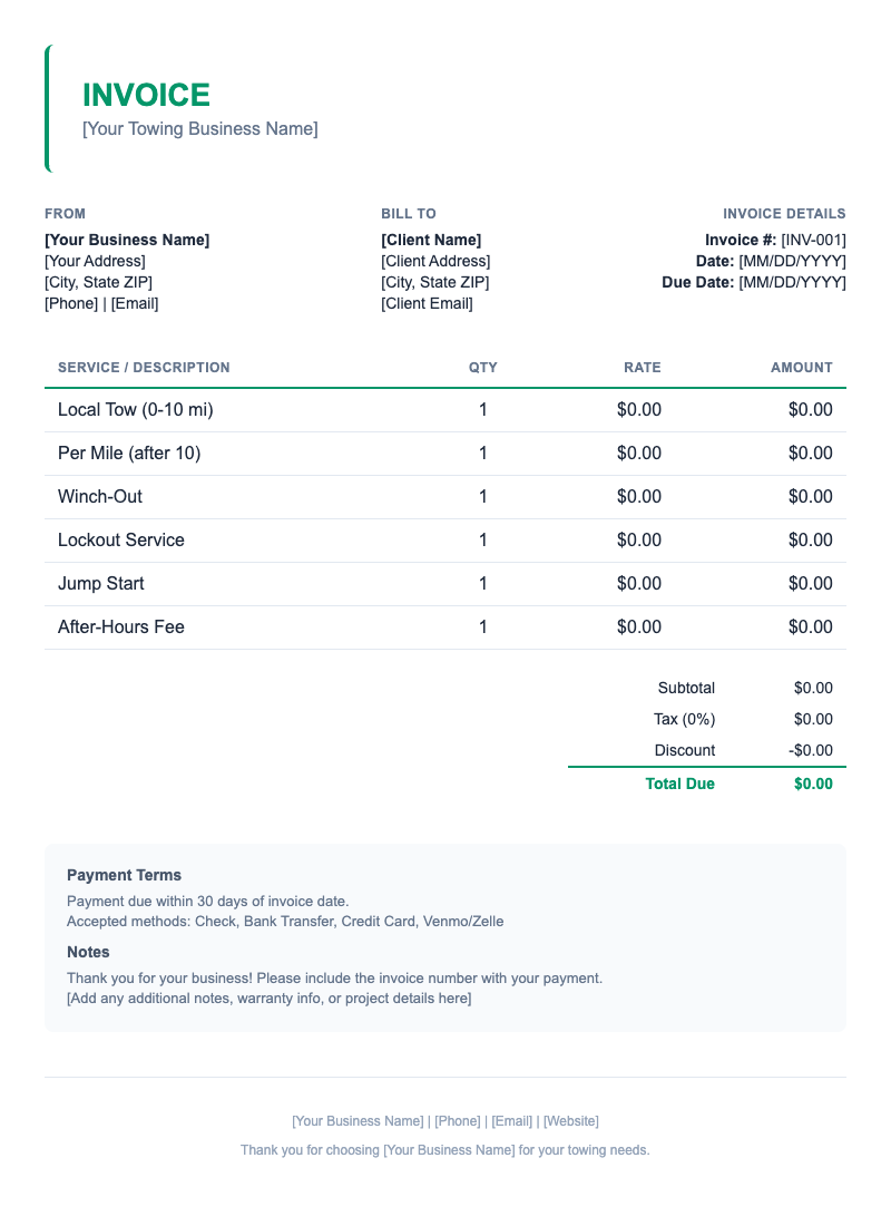 Minimal Invoice Template for Towing
