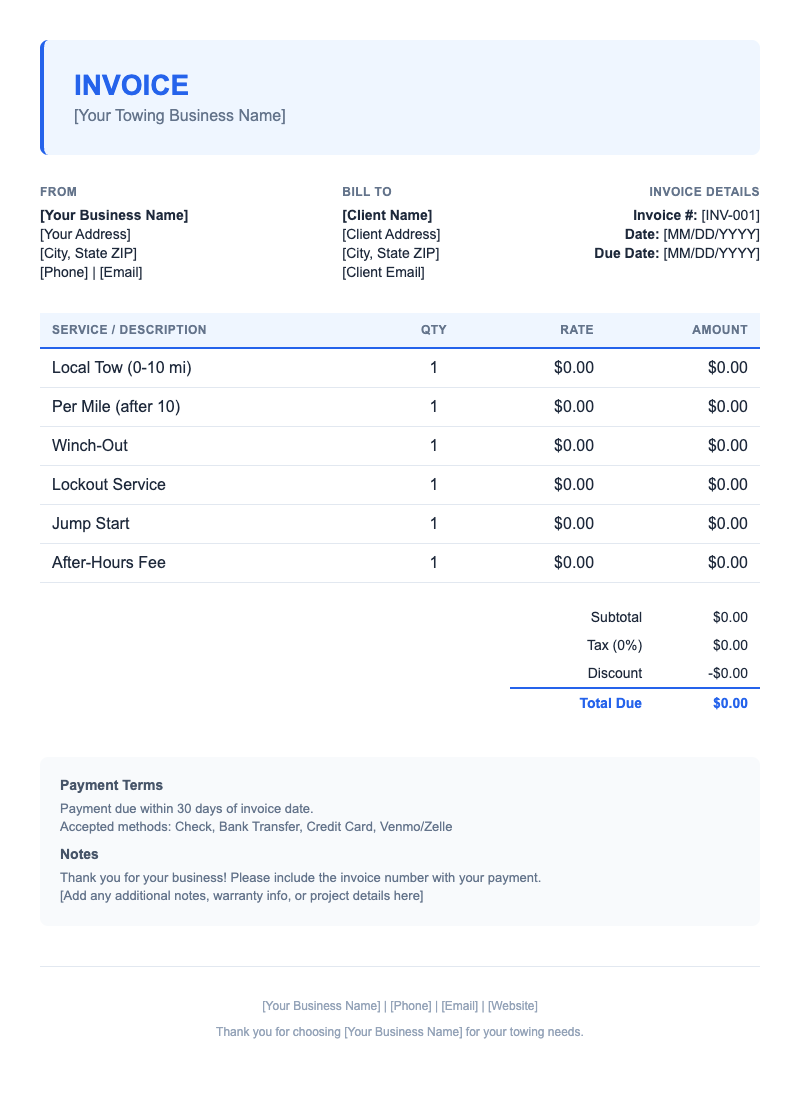 Modern Invoice Template for Towing