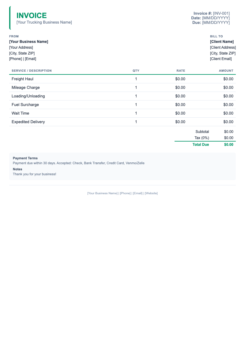 Minimal Invoice Template for Trucking