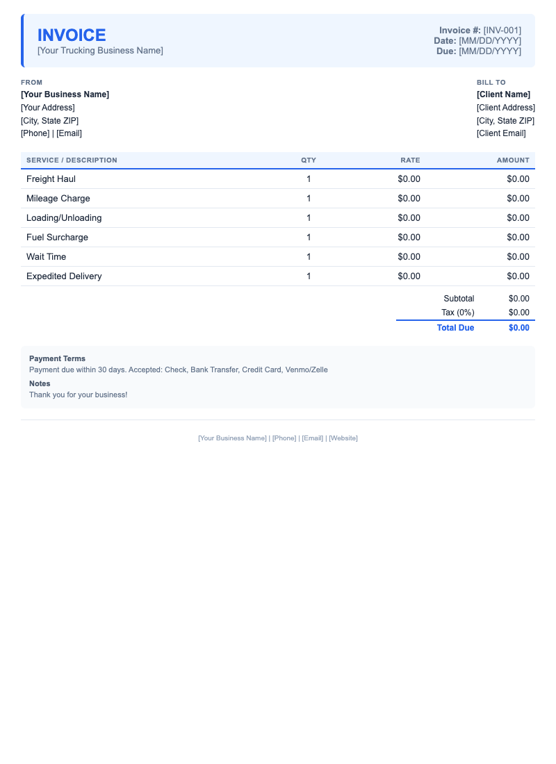 Modern Invoice Template for Trucking