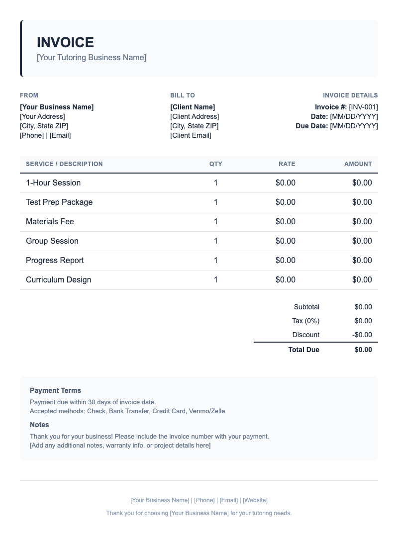 Classic Invoice Template for Tutoring