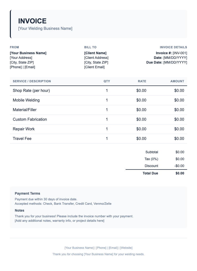 Classic Invoice Template for Welding