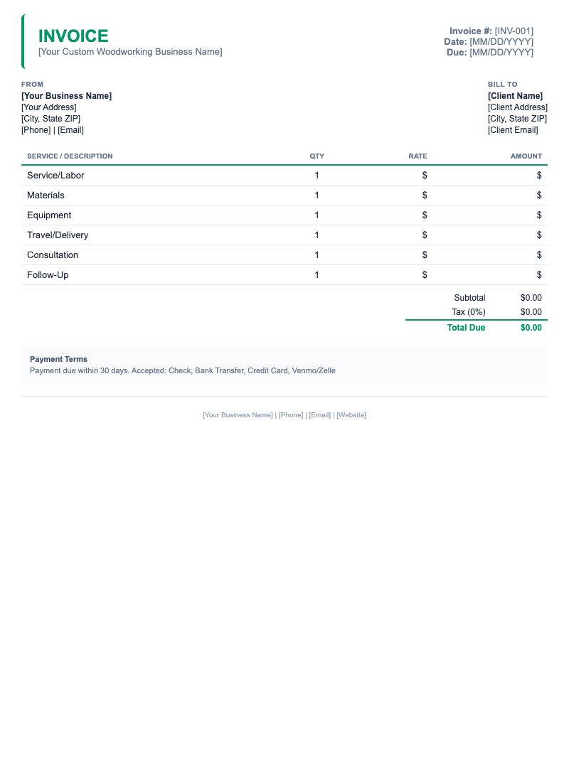Minimal Invoice Template for Custom Woodworking