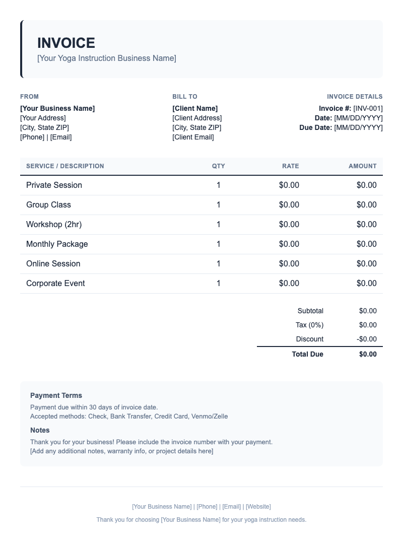 Classic Invoice Template for Yoga Instruction